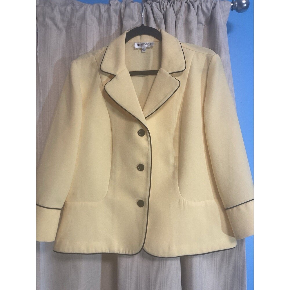 Studio I Yellow Blazer Jacket Size 12 Black Trim Long Sleeve Vintage